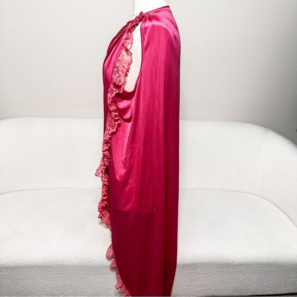 Vtg 80s Pink Coquette Satin Lace Maxi Lingerie Gown Ruffles Smocked - Picture 6 of 8